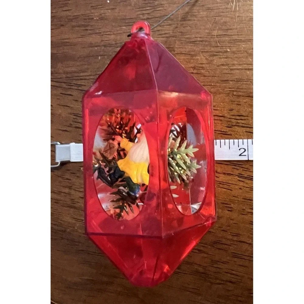 Vtg 1970s Jewel Brite Diorama Christmas Ornament Red Hexagon Lantern Gnome MCM